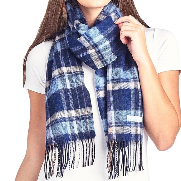 Royal Rossi 100% Mongolian Cashmere Plaid Scarf Fringe White Navy Blue Like New - Picture 12 of 13